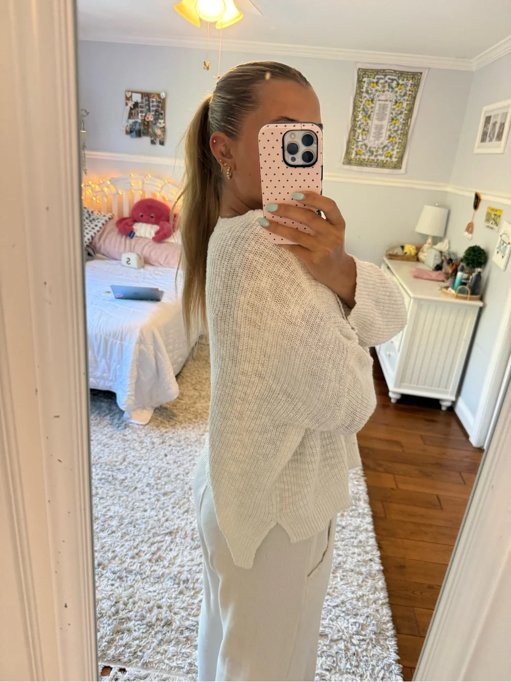 Cozy Cream Pullover Sweater with Blue “hamptons”